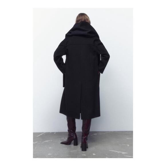 Zara Oversized Wool Blend Trench Coat Overcoat Double Breasted Scarf Black Small - Picture 2 of 10